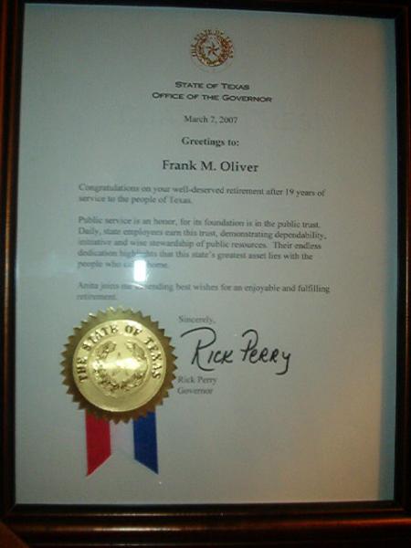 Retirment from the State of Texas 2007